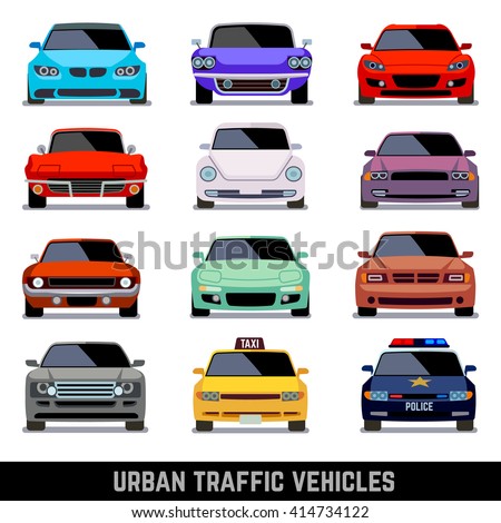 Urban traffic vehicles, car icons in flat style. Model car, police car and vehicle urban car. Vector illustration - stock vector Urban traffic vehicles, car icons in flat style. Model car, police car and vehicle urban car. Vector illustration - stock vector