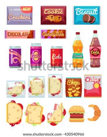 Vending machine products packaging. Fast food, snacks and drinks vector icons in flat style - stock vector Vending machine products packaging. Fast food, snacks and drinks vector icons in flat style - stock vector