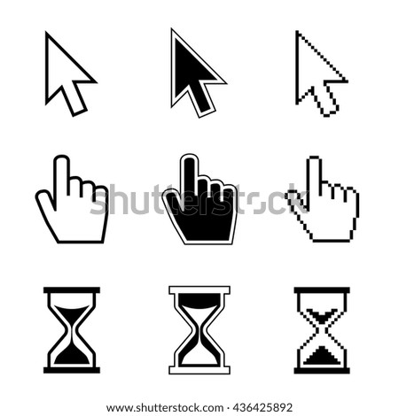 Pixel cursor pointer, hand, arrow, hourglass, click, press vector icons. Cursor symbol, hand arrow cursor icon of set illustration - stock vector Pixel cursor pointer, hand, arrow, hourglass, click, press vector icons. Cursor symbol, hand arrow cursor icon of set illustration - stock vector