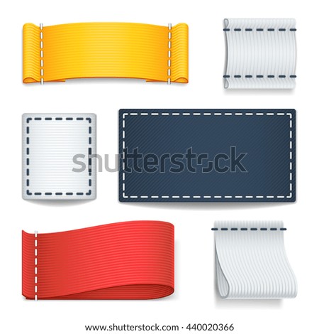 Realistic color blank fabric labels, badges with stitching vector set. - stock vector Realistic color blank fabric labels, badges with stitching vector set. - stock vector