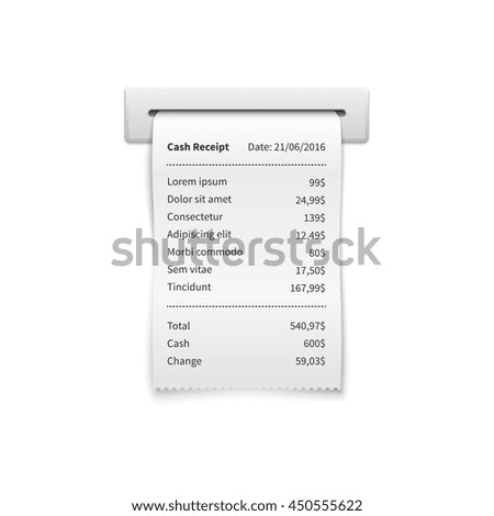 Sales printed receipt, shopping paper bill atm vector mockup. Paper check and financial check isolated - stock vector Sales printed receipt, shopping paper bill atm vector mockup. Paper check and financial check isolated - stock vector