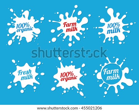 Milk emblems and dairy labels with splashes and blots. Vector milk stains and drops of cream - stock vector Milk emblems and dairy labels with splashes and blots. Vector milk stains and drops of cream - stock vector