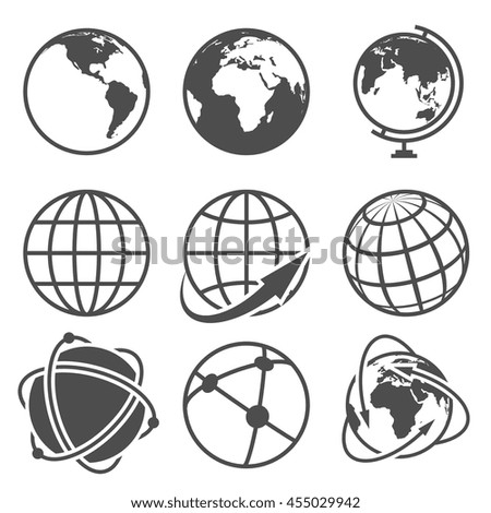 Globe earth vector icons set. Worldwide around globe and internet net on globe earth illustration - stock vector Globe earth vector icons set. Worldwide around globe and internet net on globe earth illustration - stock vector