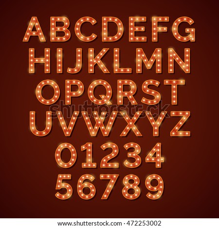 Retro light bulb bright alphabet, vector font. Neon abc and numbers for cinema or nightclub illustration Retro light bulb bright alphabet, vector font. Neon abc and numbers for cinema or nightclub illustration