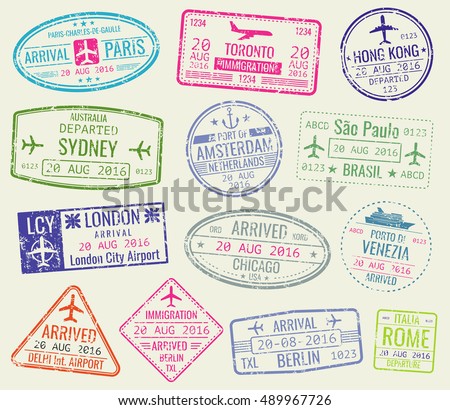 International travel visa passport stamps vector set. Paris and toronto, hong kong and port of amsterdam illustration International travel visa passport stamps vector set. Paris and toronto, hong kong and port of amsterdam illustration