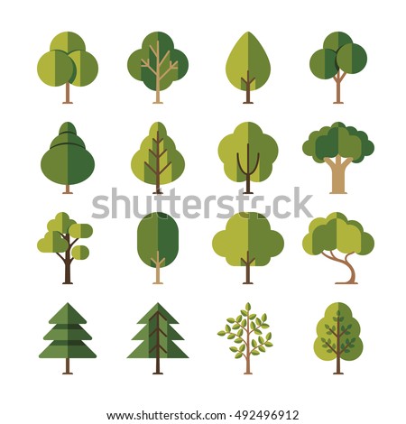 Green summer forest tree flat vector icons. Pine and oak, evergreen plant illustration Green summer forest tree flat vector icons. Pine and oak, evergreen plant illustration