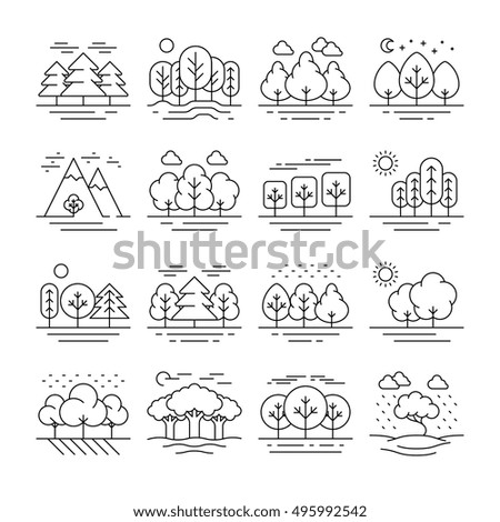 Nature forest landscape thin line icons. Tree plant and mountain, vector illustration Nature forest landscape thin line icons. Tree plant and mountain, vector illustration