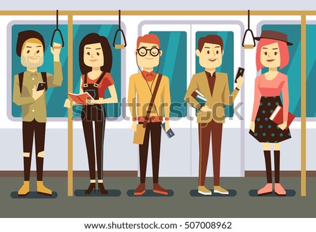 Man and woman with smartphone, gadgets and book in public transport vector illustration. Reading and use smartphone passenger Man and woman with smartphone, gadgets and book in public transport vector illustration. Reading and use smartphone passenger