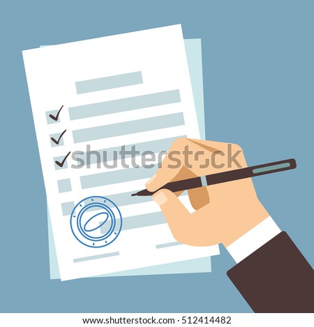 Male hand signing document, man writing on paper contract, filling tax form vector illustration Male hand signing document, man writing on paper contract, filling tax form vector illustration