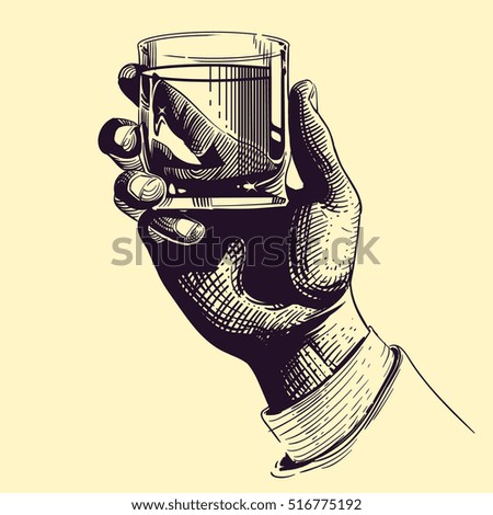 Hand holding glass with strong drink. Vintage hand drawing vector illustration. Drink tequila or whiskey, beverage booze in hand Hand holding glass with strong drink. Vintage hand drawing vector illustration. Drink tequila or whiskey, beverage booze in hand