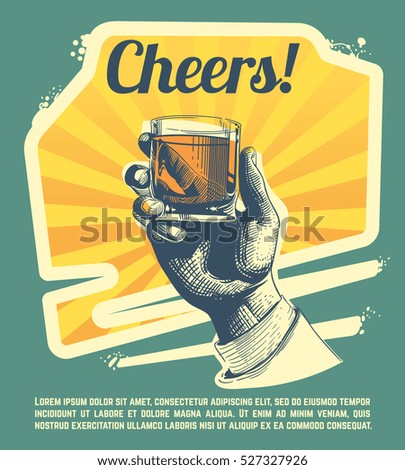 Hand with drink glass. Retro vector party poster. Hand with drink glass. Retro vector party poster.