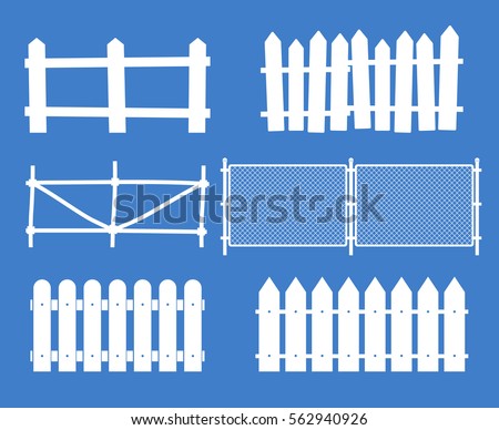 Rural wooden fences, pickets vector. White silhouettes fence for garden illustration Rural wooden fences, pickets vector. White silhouettes fence for garden illustration