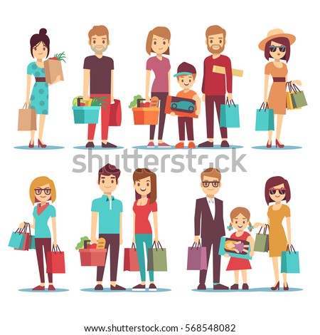 People shopping in mall vector cartoon characters set. Family with children and shopping bags. Illustration of woman in shopping. People shopping in mall vector cartoon characters set. Family with children and shopping bags. Illustration of woman in shopping.