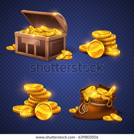 Wooden chest and big old bag with gold coins, money stack isolated Wooden chest and big old bag with gold coins, money stack isolated