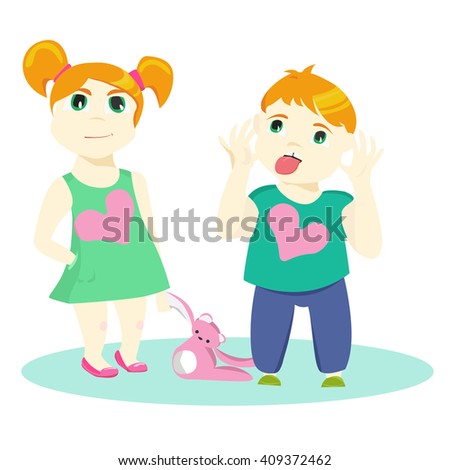 White Girl Sister Brother Smile Hand Kid Small Children Isolated Stock