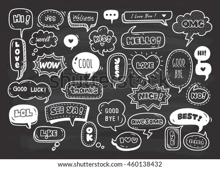 set of cute speech bubble with text in doodle style on chalkboard background - stock vector set of cute speech bubble with text in doodle style on chalkboard background - stock vector