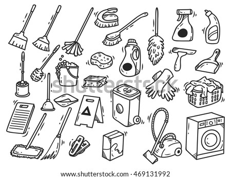 Cleaning supplies doodle isolated on white background Cleaning supplies doodle isolated on white background