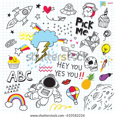 Set of colorful doodle on paper background Set of colorful doodle on paper background