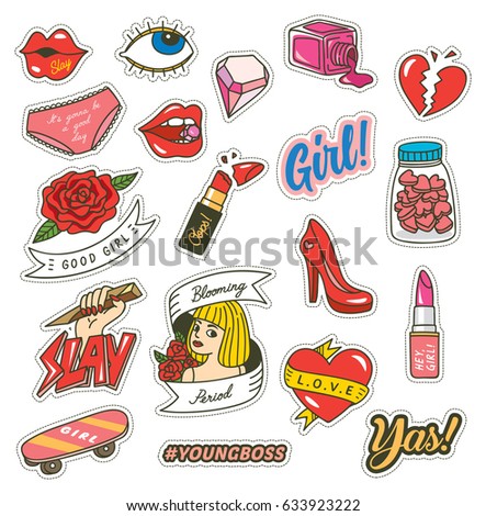 Set of fashion cute patches with lipstick, girl, heart, skate board, flower etc Set of fashion cute patches with lipstick, girl, heart, skate board, flower etc