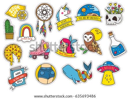 Set of fashion cute patches with mermaid, unicorn, owl, pizza etc Set of fashion cute patches with mermaid, unicorn, owl, pizza etc