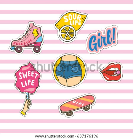 Set of cute fashion patches on pink stripe background Set of cute fashion patches on pink stripe background