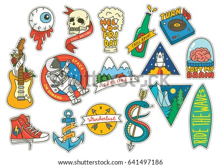 Set of fashion patch with guitar, cosmonaut, beer and other object Set of fashion patch with guitar, cosmonaut, beer and other object