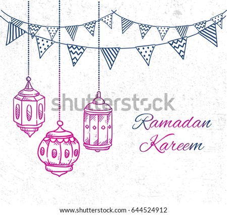Ramadan greeting card with hand drawn lantern and bunting flag on grunge background Ramadan greeting card with hand drawn lantern and bunting flag on grunge background