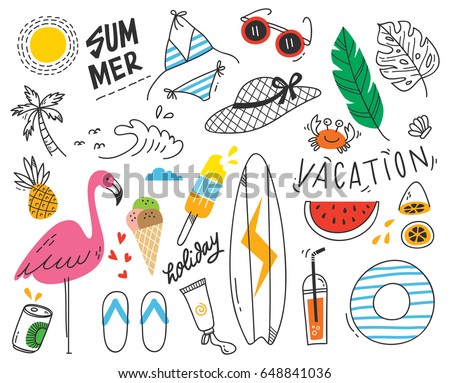 Set of summer doodle on white background Set of summer doodle on white background