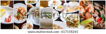 Collage of traditional Vietnamese dishes in restaurant menu.Horizontal background shot of Asian food.Delicious Vietnam cuisine with different salad,soup,sea food dishes.Fresh ingredients Asia food