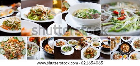 Food collage made of exotic Vietnamese dishes in traditional Asian restaurant menu.Tasty & healthy Vietnam cuisine background.Delicious dinner with fresh vegetables,sea food & spices.Healthy fast food