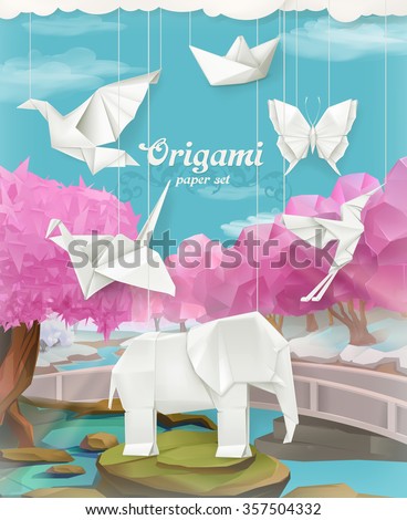 Origami paper set, vector background - stock vector Origami paper set, vector background - stock vector