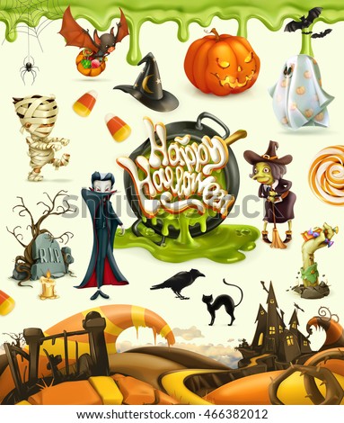 Halloween 3d vector icons. Pumpkin, ghost, spider, witch, vampire, zombie, grave, candy corn. Set of cartoon characters and objects, greetings text Happy Halloween for invitation cards and posters Halloween 3d vector icons. Pumpkin, ghost, spider, witch, vampire, zombie, grave, candy corn. Set of cartoon characters and objects, greetings text Happy Halloween for invitation cards and posters