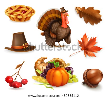 Happy Thanksgiving cartoon character and objects. 3d vector icon set Happy Thanksgiving cartoon character and objects. 3d vector icon set