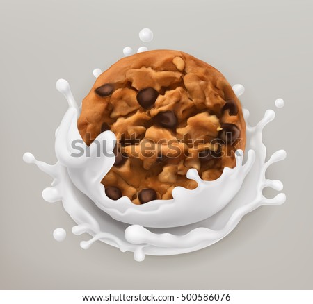 Chocolate cookies and milk splash. Realistic illustration. 3d vector icon Chocolate cookies and milk splash. Realistic illustration. 3d vector icon