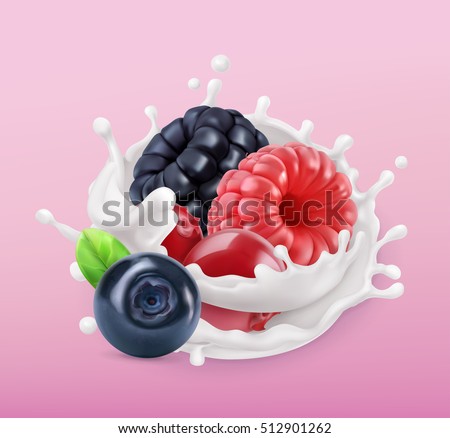 Forest berry and milk splash. Fruit and yogurt. Realistic illustration. 3d vector icon Forest berry and milk splash. Fruit and yogurt. Realistic illustration. 3d vector icon