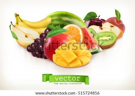 Mango and juicy fruits, vector illustration isolated on white Mango and juicy fruits, vector illustration isolated on white
