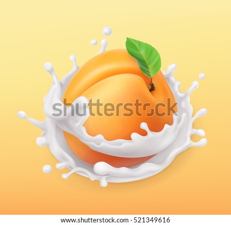 Apricot and milk splash. Fruit and yogurt. Realistic illustration. 3d vector icon Apricot and milk splash. Fruit and yogurt. Realistic illustration. 3d vector icon