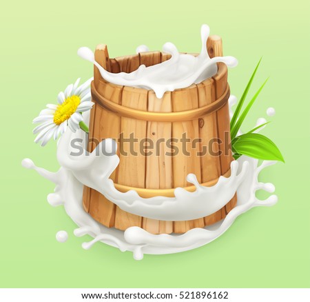 Milk. Rustic style. Wooden bucket. Natural dairy products. 3d vector icon Milk. Rustic style. Wooden bucket. Natural dairy products. 3d vector icon