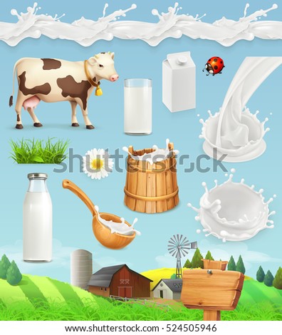Milk and farm. Bottle, glass, spoon, bucket. Drops seamless pattern. Natural dairy products. 3d vector icon set Milk and farm. Bottle, glass, spoon, bucket. Drops seamless pattern. Natural dairy products. 3d vector icon set