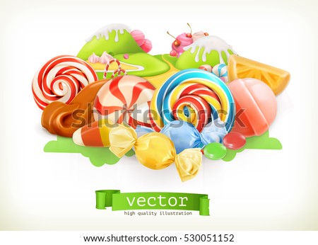 Sweet shop. Swirl candy, lollipop, caramel. Candy land. 3d vector illustration. Sweet shop. Swirl candy, lollipop, caramel. Candy land. 3d vector illustration.