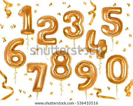 Golden toy balloons and ribbons. Numerical digit. Holiday and party. 3d vector icon set Golden toy balloons and ribbons. Numerical digit. Holiday and party. 3d vector icon set