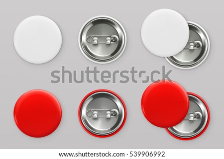 Blank white and red badges. Pin button. 3d vector realistic mockup Blank white and red badges. Pin button. 3d vector realistic mockup