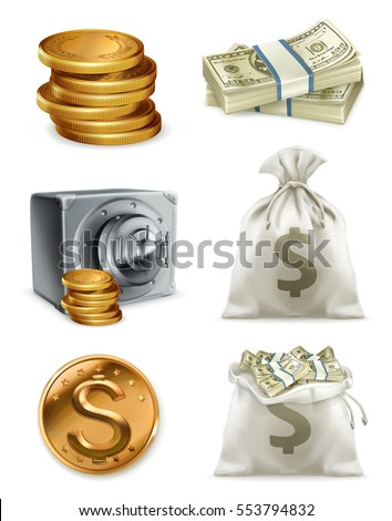 Paper money, gold coin and moneybag. 3d vector icon set Paper money, gold coin and moneybag. 3d vector icon set