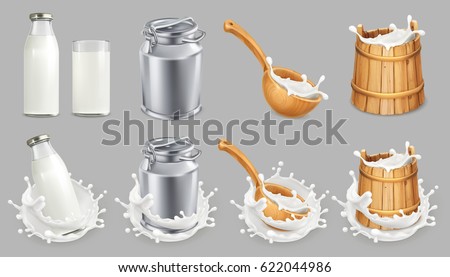 Milk can and splash. Natural dairy products, 3d vector icon set Milk can and splash. Natural dairy products, 3d vector icon set