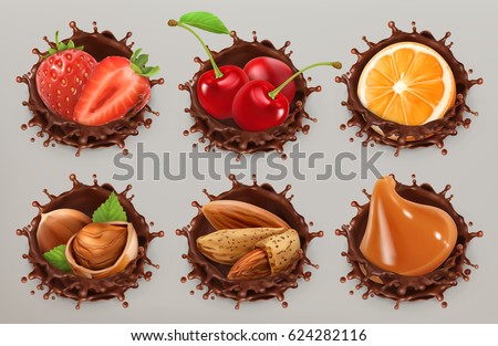 Fruit, berries and nuts. Realistic illustration. Chocolate splash 3d vector icon set Fruit, berries and nuts. Realistic illustration. Chocolate splash 3d vector icon set