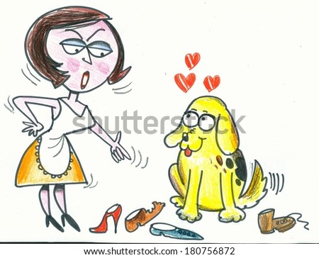  annoyed woman with pet dog which has been chewing shoes. - stock photo