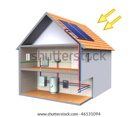 Solar thermal energy system in a modern house. Digital illustration 