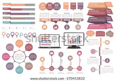 Set of infographic design elements - bar graphs, map markers, circle diagram, speech bubbles, timeline, objects with steps or options, computer and laptop, vector eps10 illustration - stock vector Set of infographic design elements - bar graphs, map markers, circle diagram, speech bubbles, timeline, objects with steps or options, computer and laptop, vector eps10 illustration - stock vector