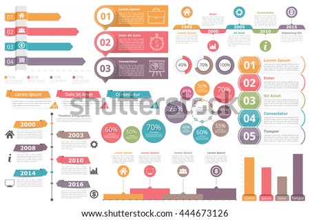 Set of infographic elements - bar graphs, timelines, circle diagram, flowchart, objects with percents, numbers, text and icons, business infographics, vector eps10 illustration - stock vector Set of infographic elements - bar graphs, timelines, circle diagram, flowchart, objects with percents, numbers, text and icons, business infographics, vector eps10 illustration - stock vector