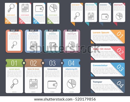 Set of different infographic elements with numbers, line icons and place for your text, can be used as workflow, process, steps or options, vector eps10 illustration Set of different infographic elements with numbers, line icons and place for your text, can be used as workflow, process, steps or options, vector eps10 illustration